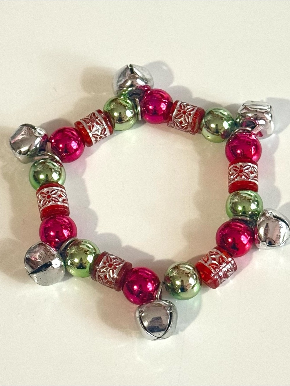 Christmas Jingle Bell Festive Red, Green & Silver Stretch Bracelet